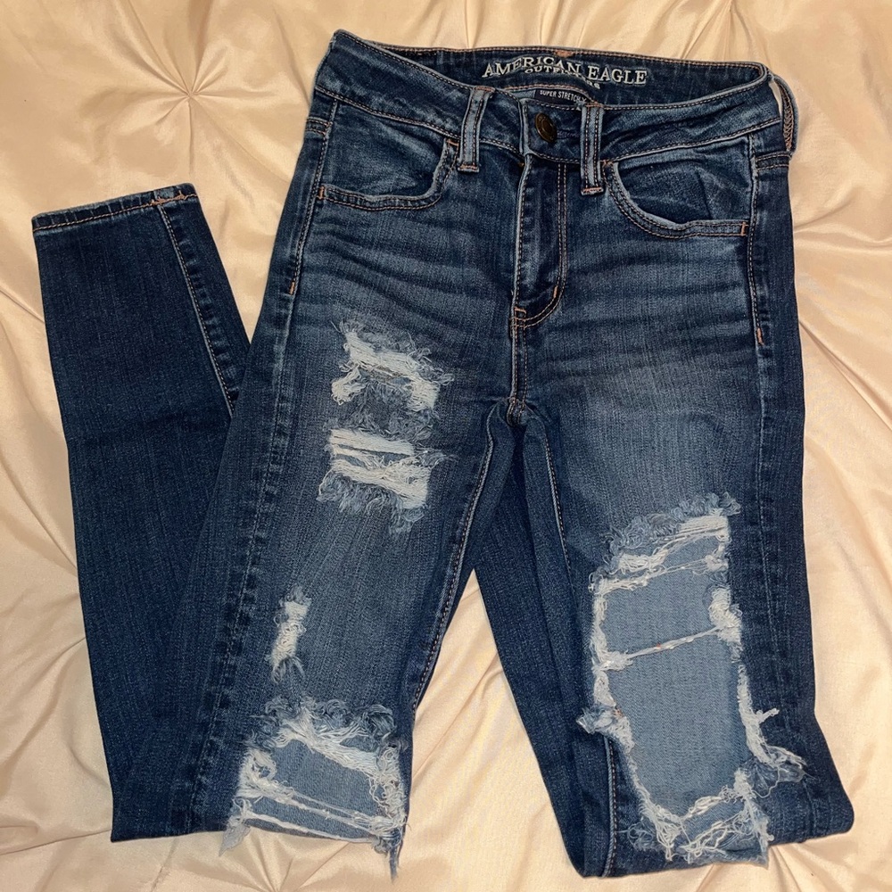 American Eagle Outfitters Blue Skinny Jeans with Distressed Details